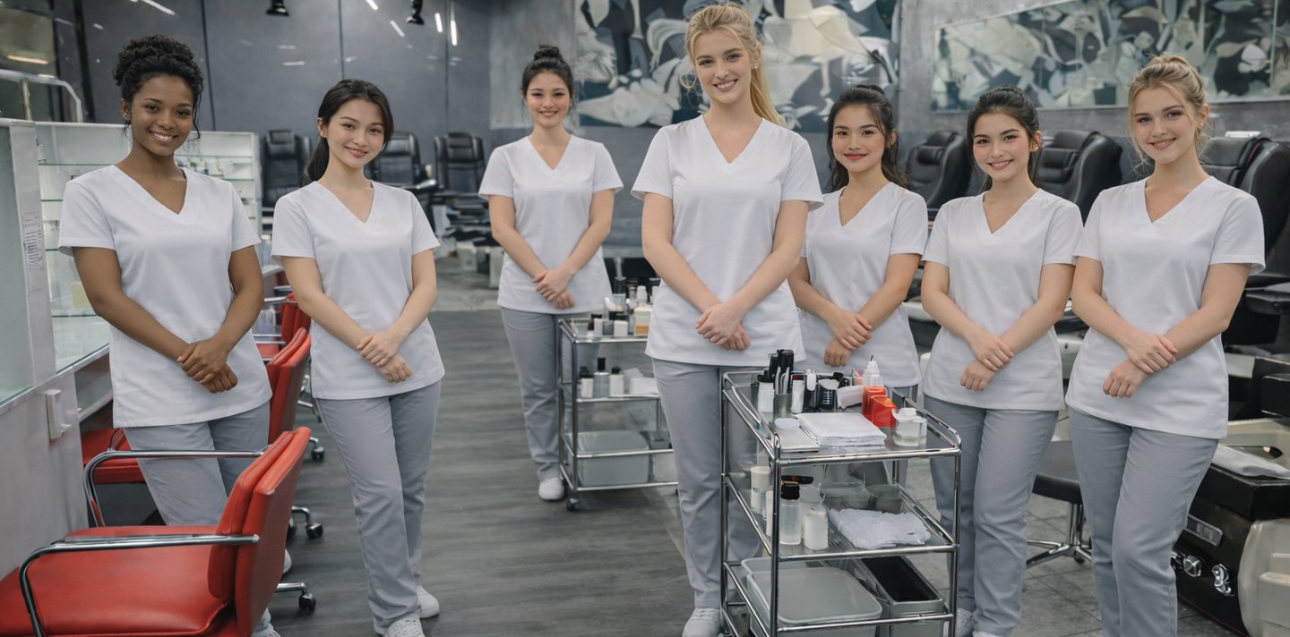 nail techs standing in front of nail salon greeting