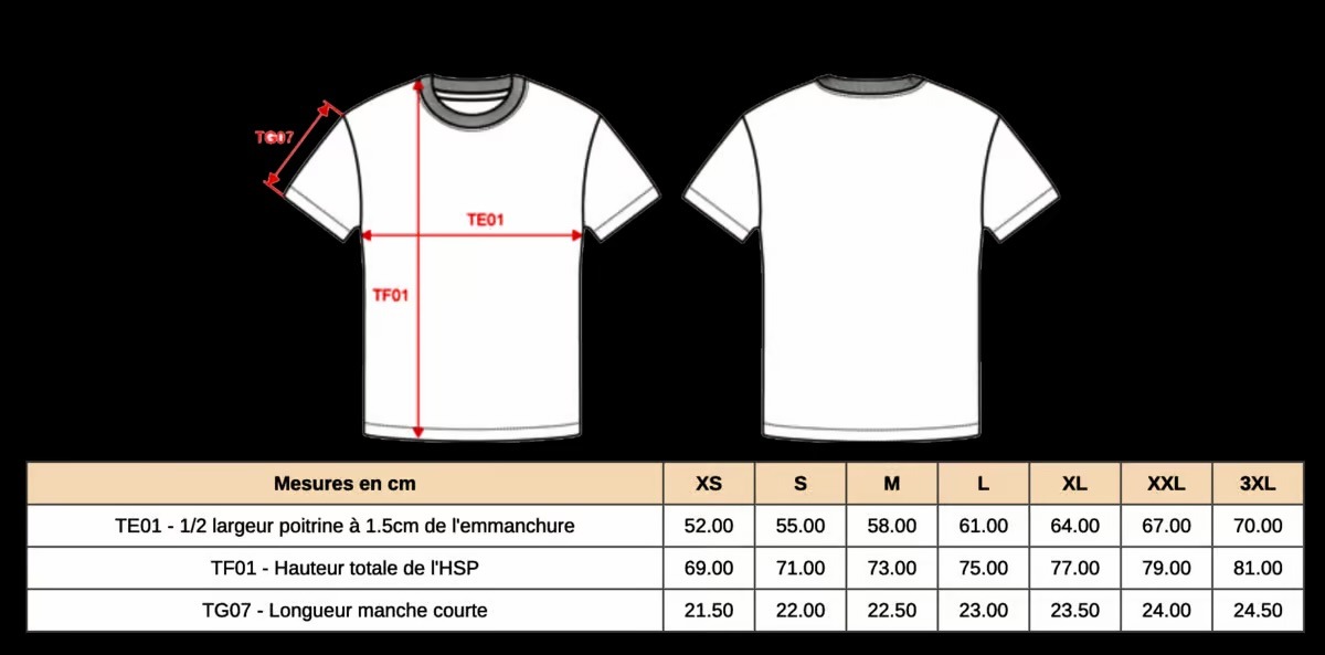 T-shirt size chart with technical measurements in centimeters for sizes XS to 3XL.