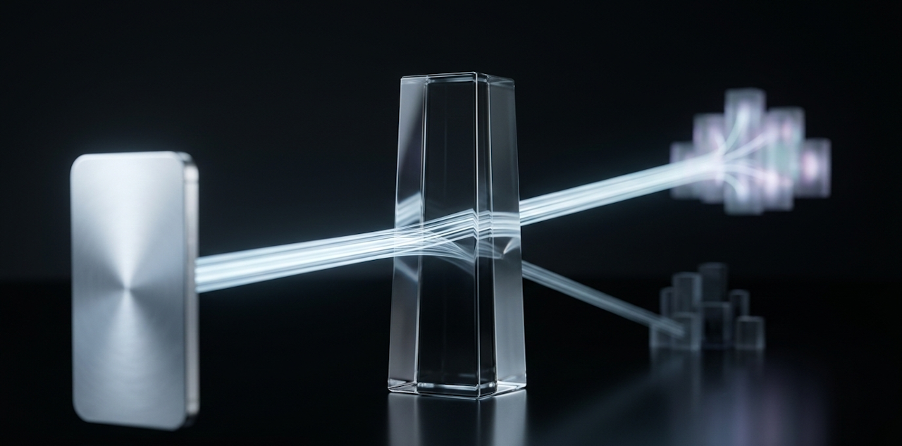 A beam of light refracting through a glass prism and splitting into data streams on a dark background.