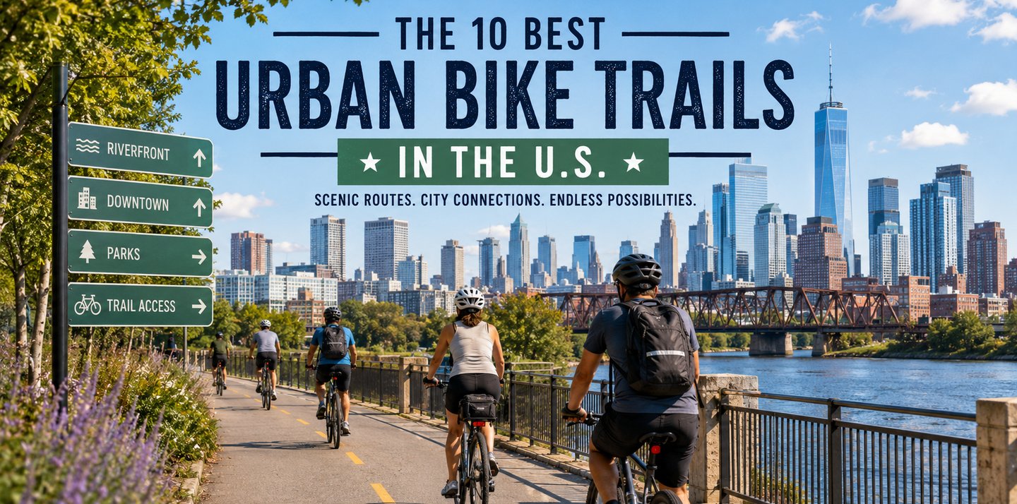 Cyclists riding on an urban trail along a river with skyline in the background