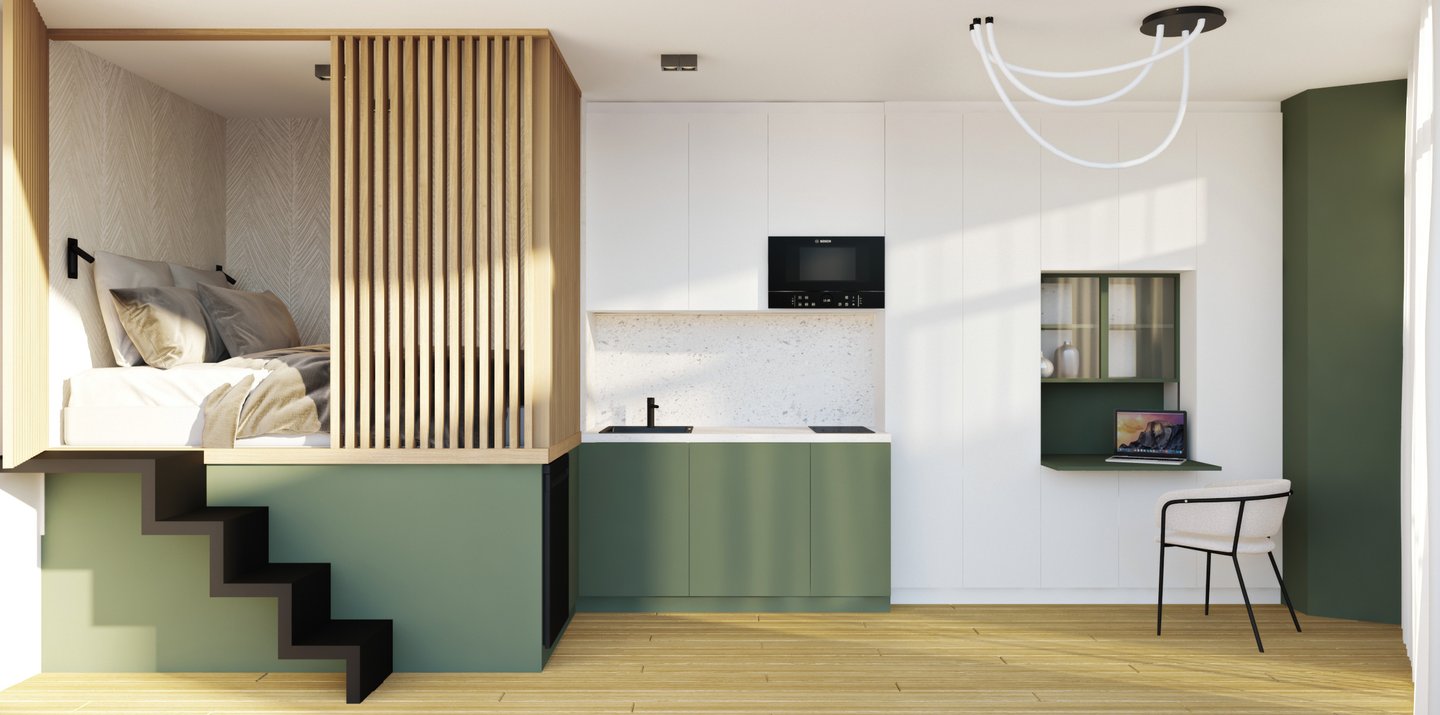 A small apartment design that includes a bed, kitchen, and stairs, emphasizing functionality in limi