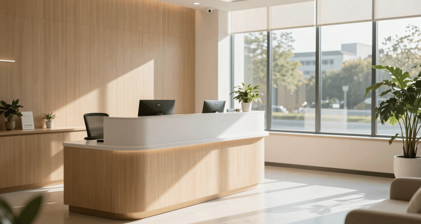 Medium shot of a bright, welcoming reception area of a modern clinic, warm natural daylight streaming through large windows, clean minimalist setup with soft wood accents.