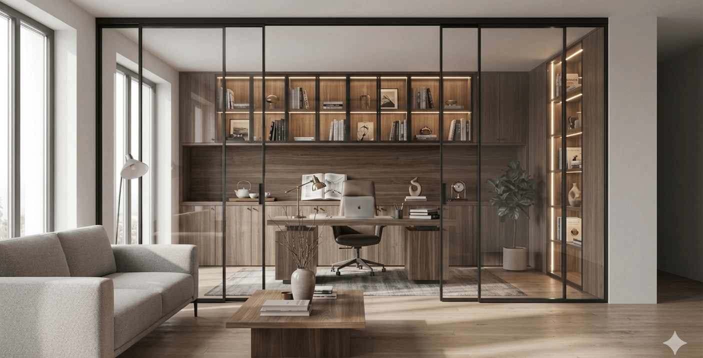 Modern Luxury Study System: Ultra-Slim Aluminum Glass Sliding Door & Integrated Cabinet Solution