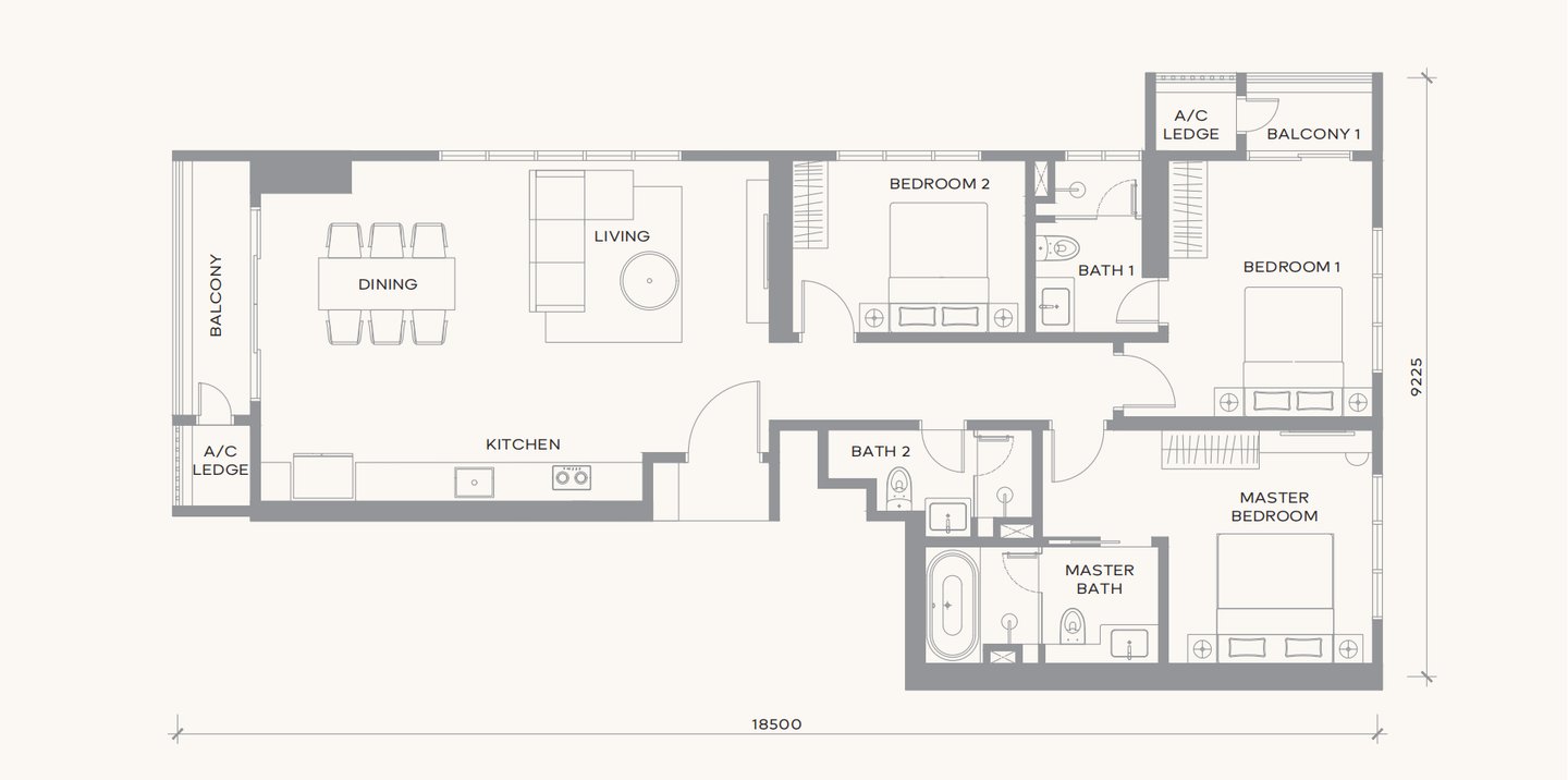 Modern 3-bedroom apartment floor plan with open kitchen, dining area, balcony, and master suite.