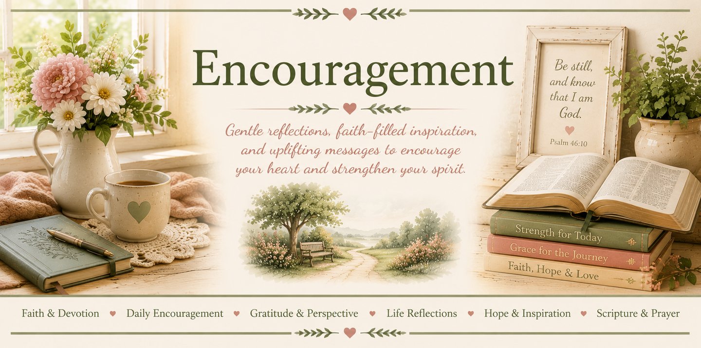 Christian encouragement banner with Bible verses, flowers, coffee, and a peaceful landscape.