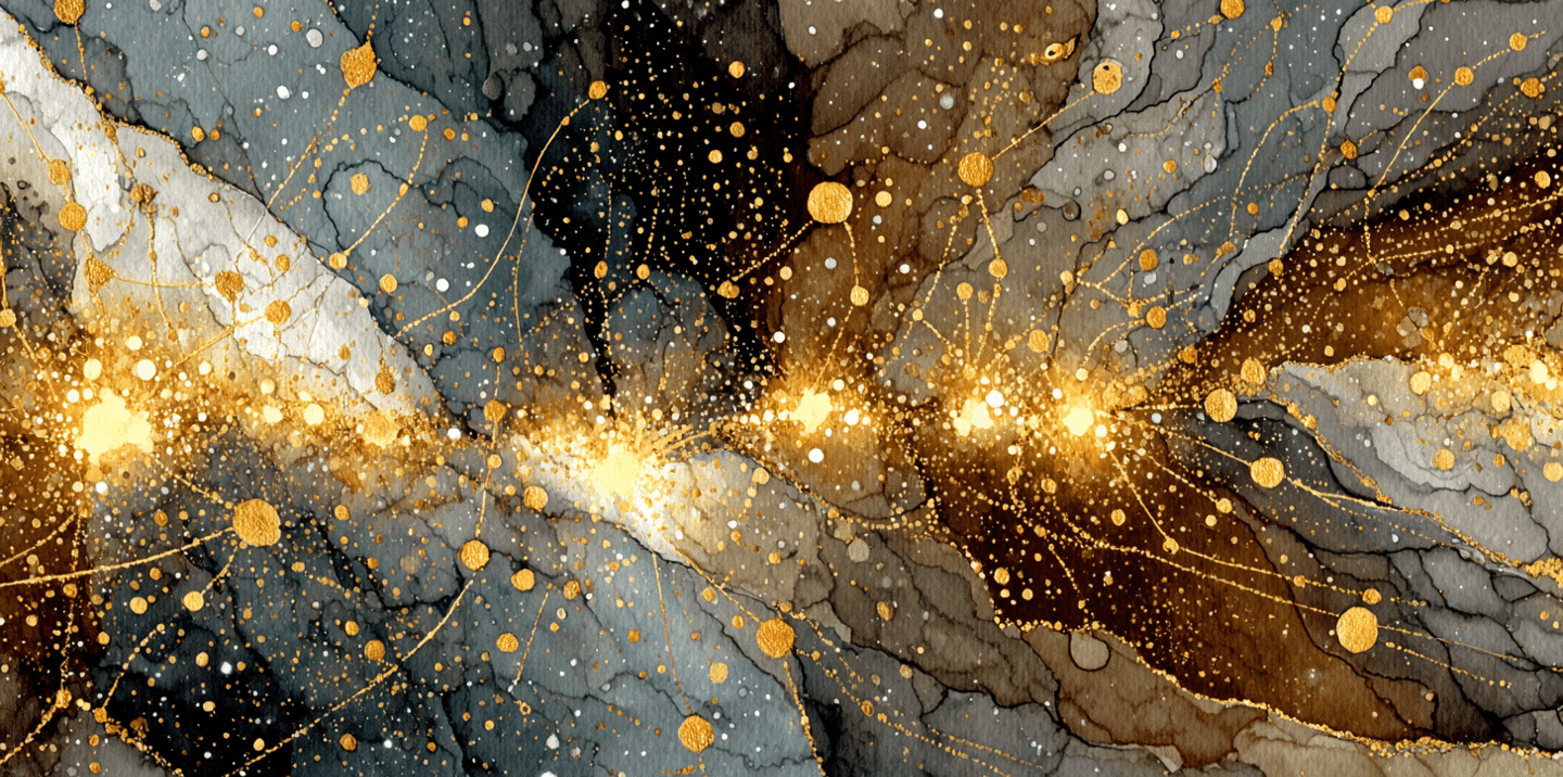 watercolor of dark stone textures illuminated by radiant gold splashes and constellations