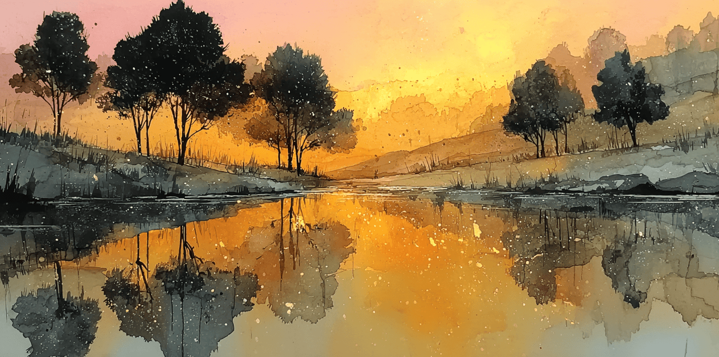 watercolor sunset with warm apricot, gold, and charcoal tones