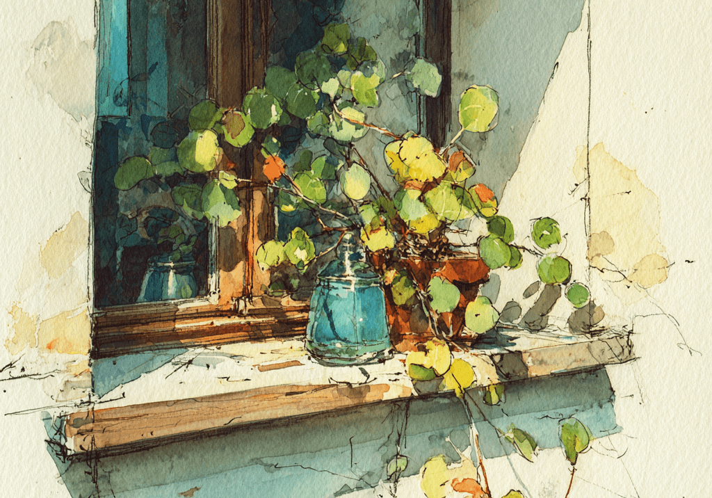 Watercolor sketch of a plant on a windowsill with warm light and loose ink lines