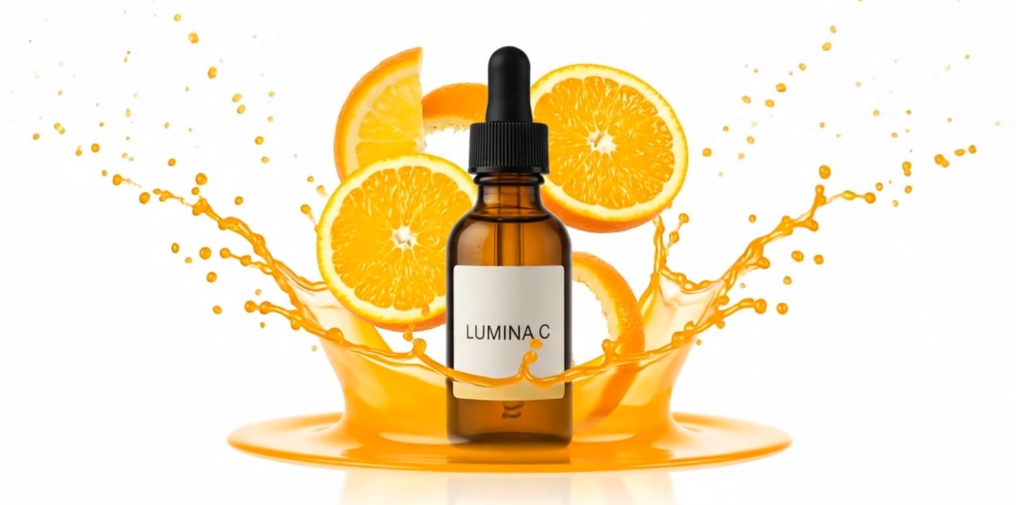 Ejemplo de vídeo de producto con IA: sérum facial y splash de naranja