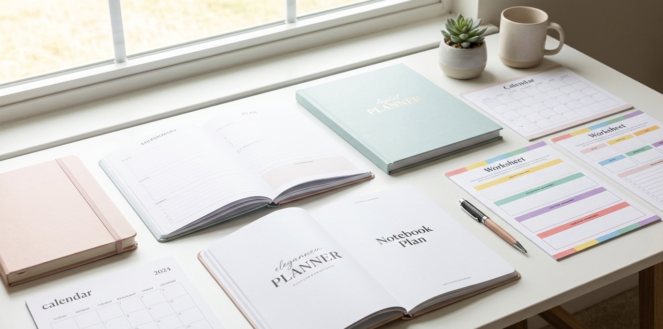 a flat-lay arrangement on a clean, minimalist desk. The key elements will be modern digital printables such as planners, etc.