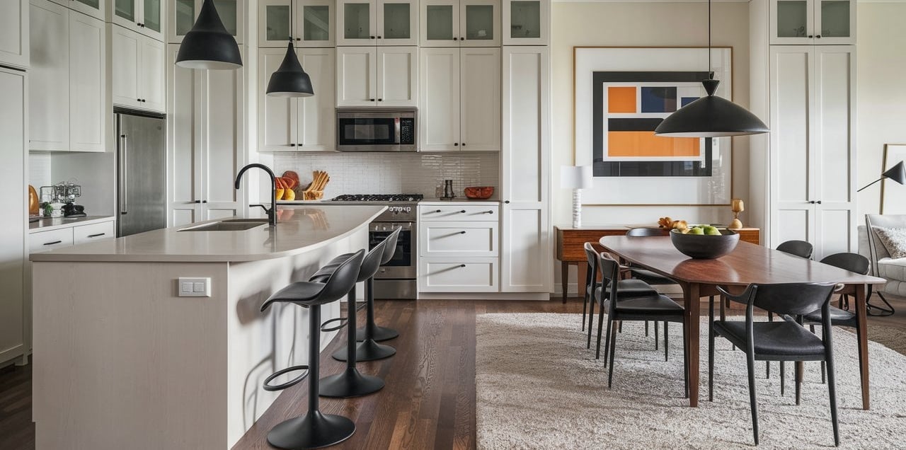a kitchen with a table and chairs and a table