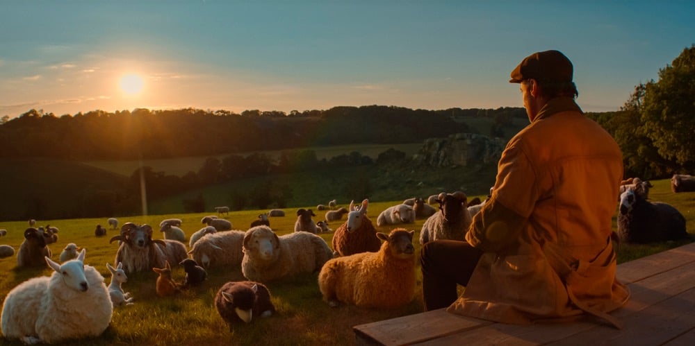 A shepherd overlooks a flock of diverse sheep on a grassy hillside during a golden sunset.
