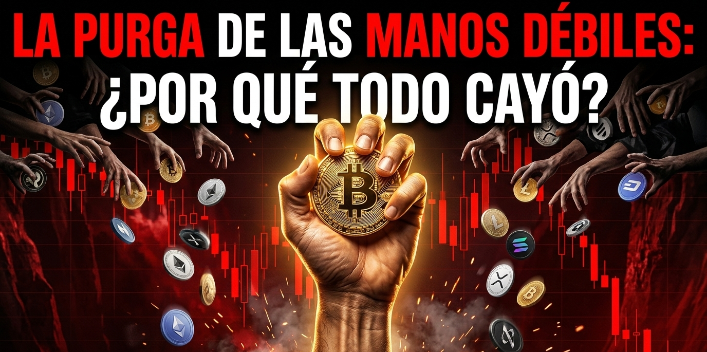 Hand holding a Bitcoin coin over a red market crash graph with falling cryptocurrency symbols.