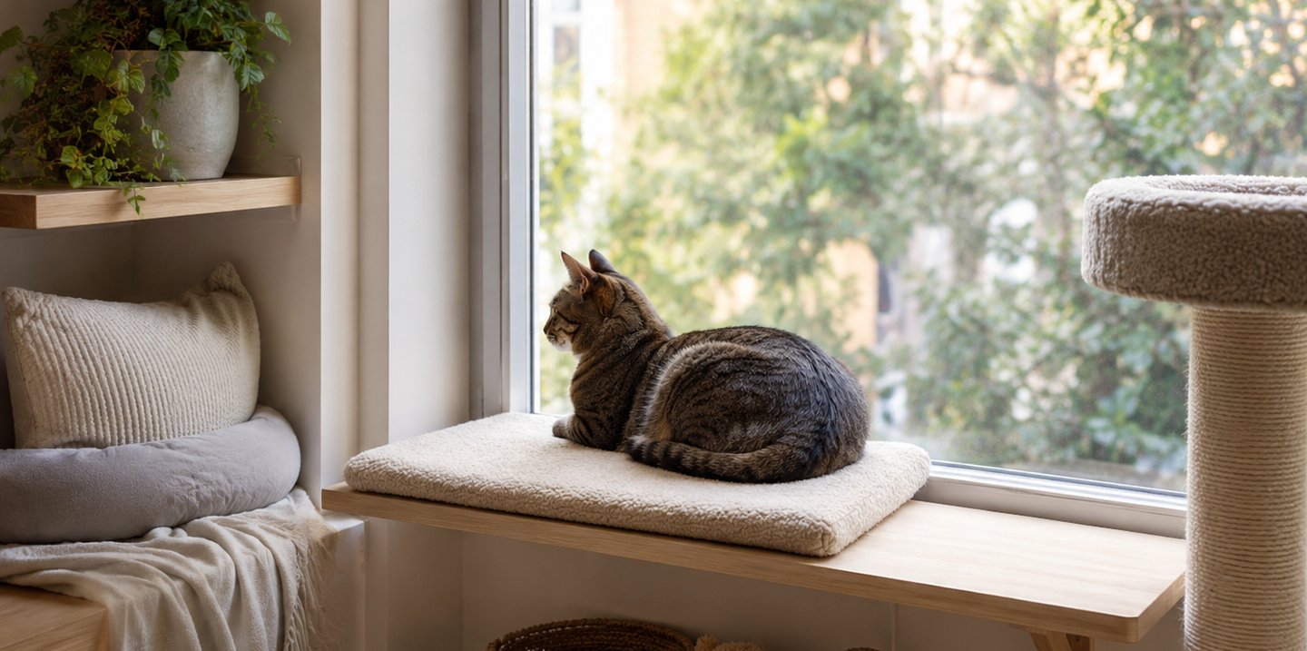 Cozy window-side pet corner with a cat resting on a soft cushion, natural light, wooden shelving, wo