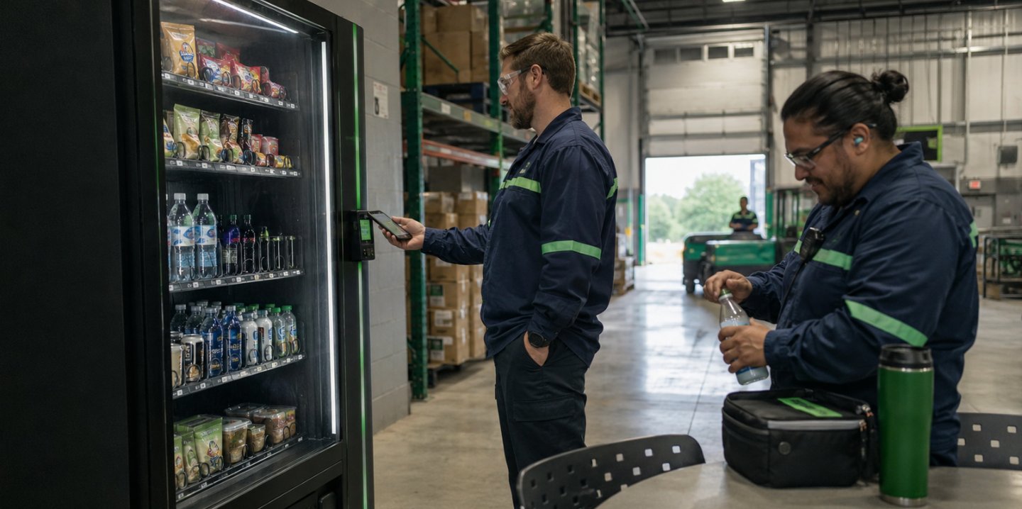 Manufacturing employees using a modern snack and drink vending machine inside a Nashville warehouse