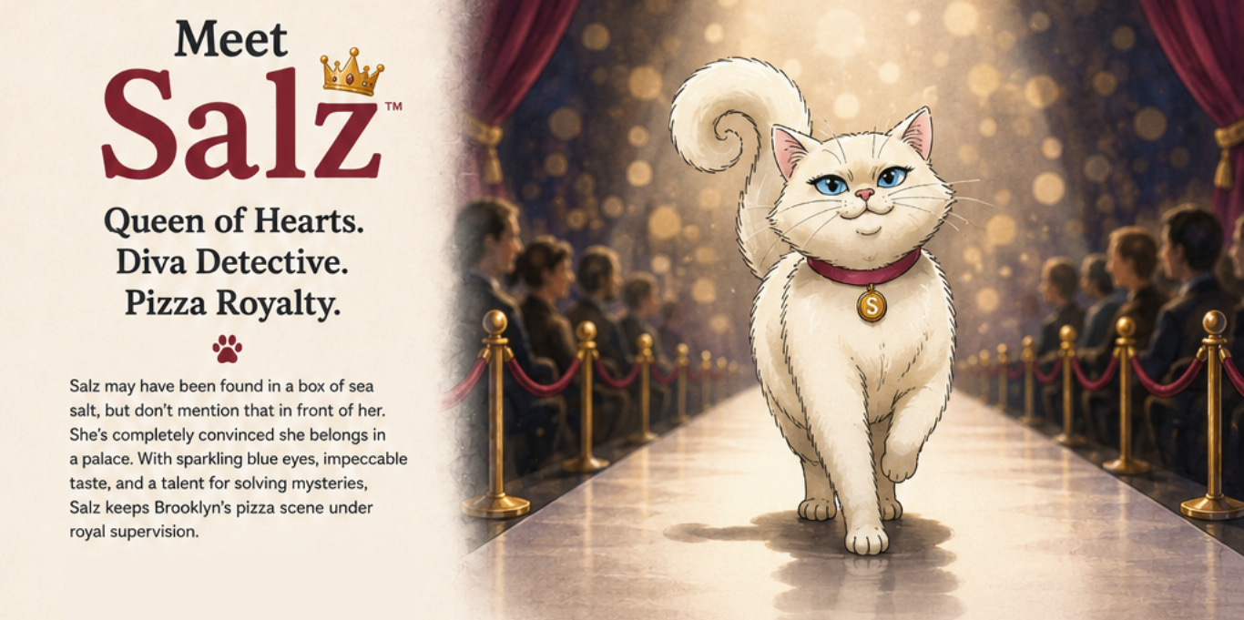 white cat, pizzza-loving detective cat of Salz & Peppa Detective Agency