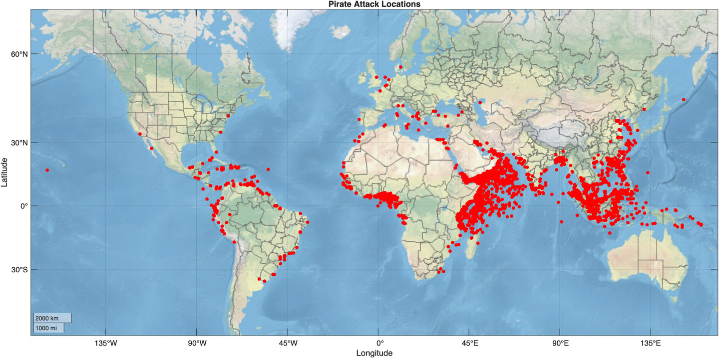 Map of modern piracy hotspots and attack zones