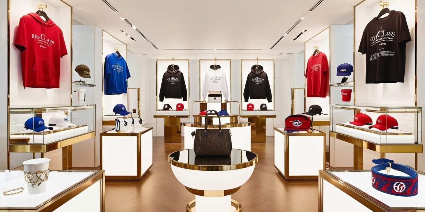 a display of baseball hats and other items in a store