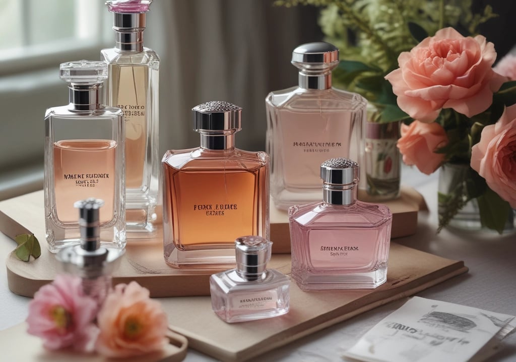 A beautifully arranged collection of elegant perfume bottles with a warm, inviting background.
