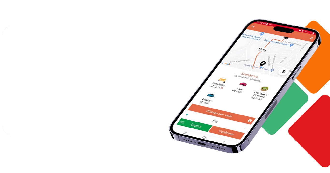Tela do app APKTEM mostrando mapa de mobilidade urbana e corridas.