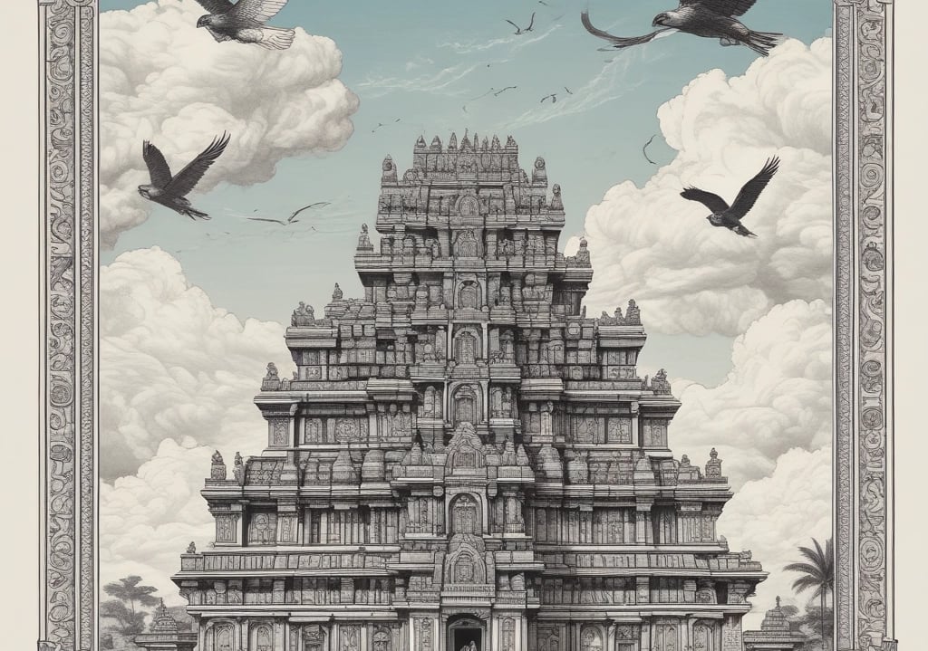 A serene temple courtyard in Tamil Nadu bathed in early morning light, with traditional architecture and lush greenery.