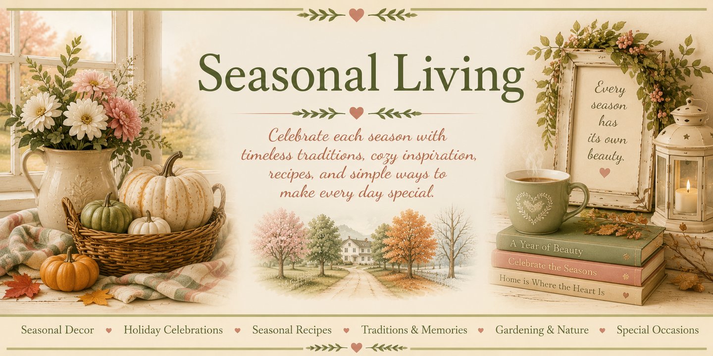 Seasonal living banner with cozy home decor, pumpkins, coffee, and books for holiday inspiration.
