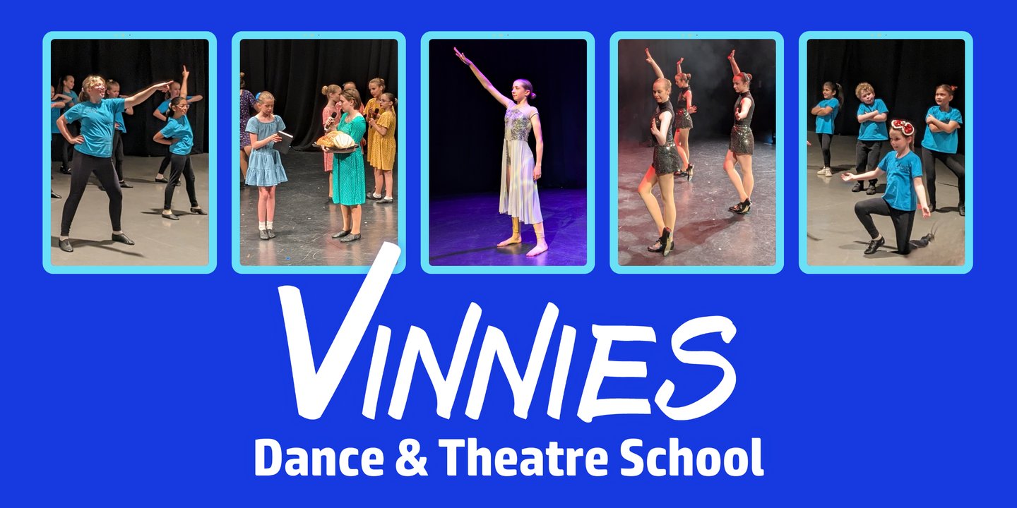 Kids from Vinnies Dance and Theatre School perform ballet, tap dance, and musical theatre on stage.