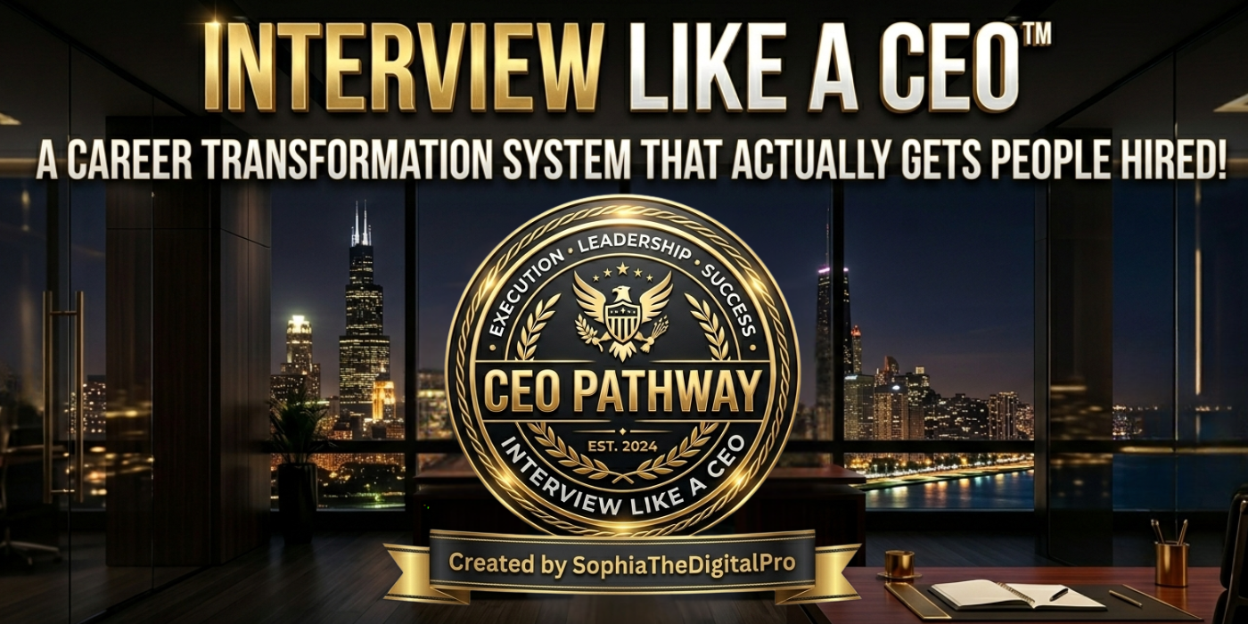 Executive office with city skyline view promoting Interview Like a CEO career coaching system.