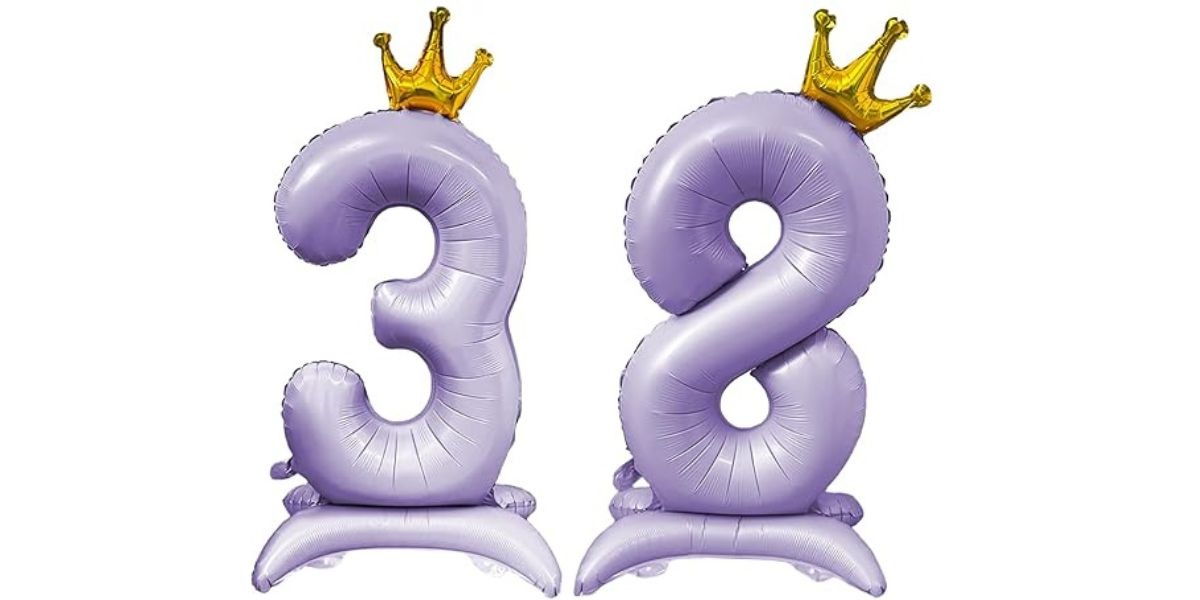 Large purple crown number balloon with base, foil standing birthday decoration for parties.