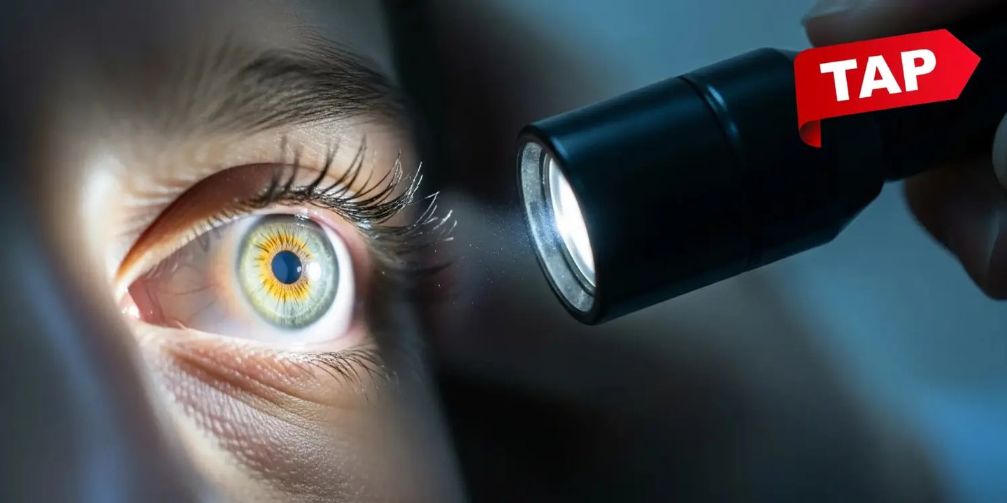 Optometrist doing torch light eye examination looking for eye problems and eye diseases.