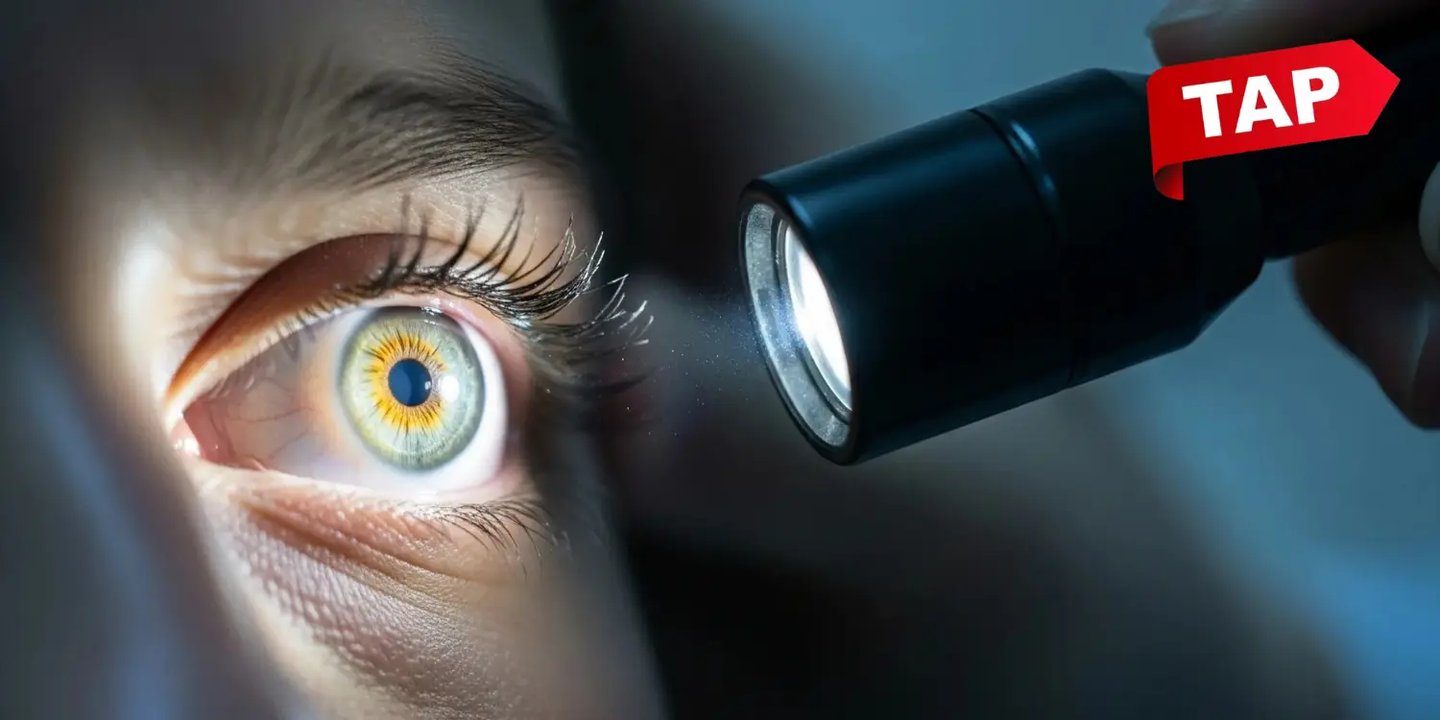 Optometrist doing torch light eye examination looking for eye problems and eye diseases.