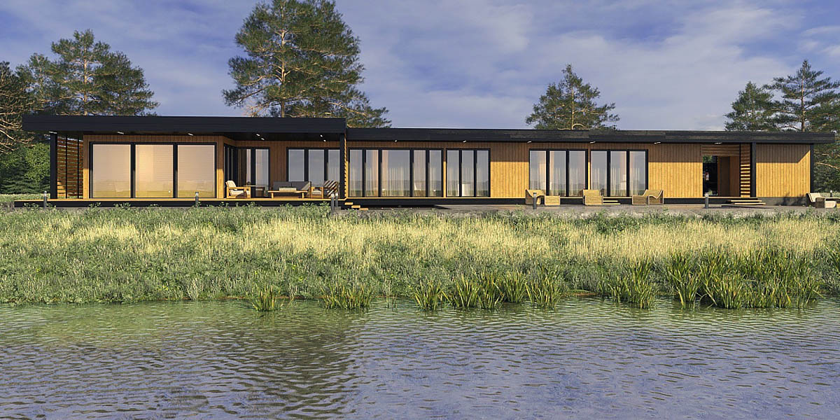 a house with a lake view and a boat in the water