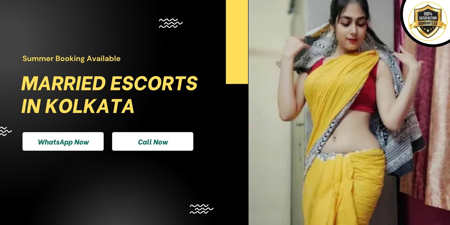 Beautiful woman in a yellow saree for married escorts in Kolkata service booking banner.