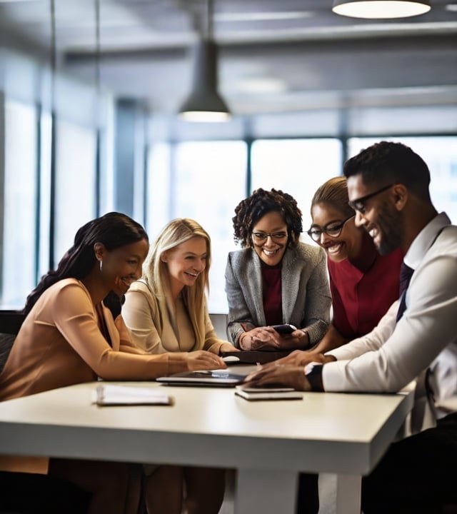 A dynamic photograph of a diverse group of educators and administrative staff collaborating over a digital device,