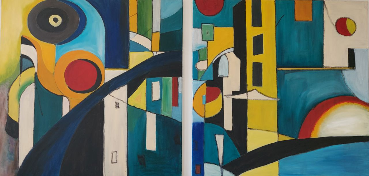 Abstract painting of a ciy view, diptych