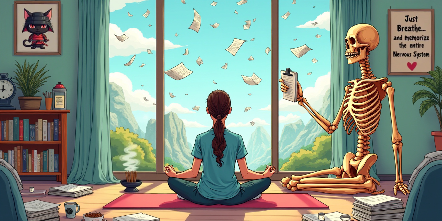 cartoon image of a medical student practising yoga