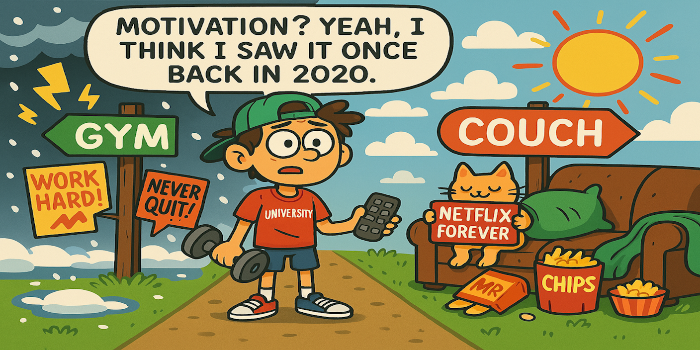 Cartoon image of a male university student torn between exercise and a couch