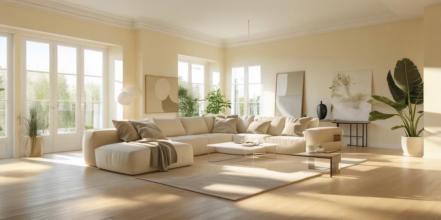 Modern living room with eggshell white walls, natural light, and oak flooring.