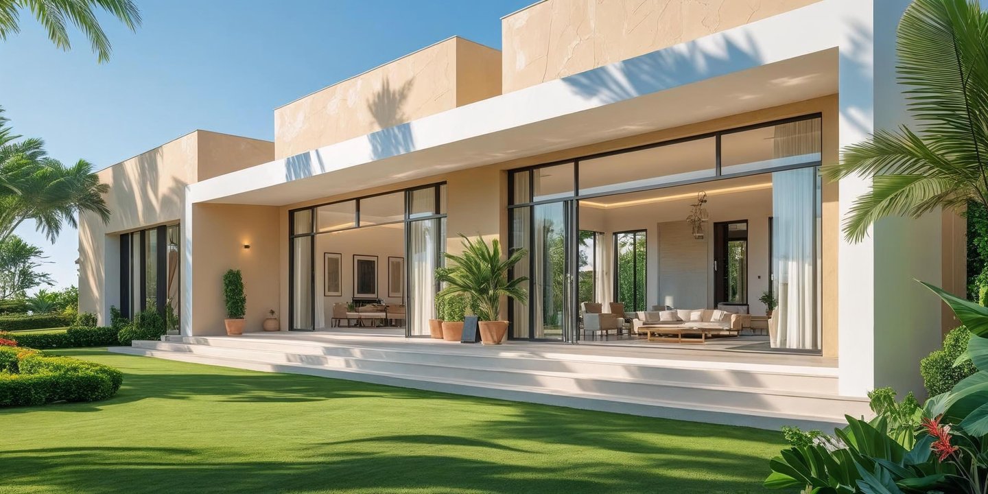Modern villa exterior in beige and white with clean lines and fresh paint.
