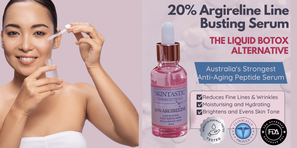 A woman using Argireline anti-ageing peptide serum for fine lines and wrinkle reduction.