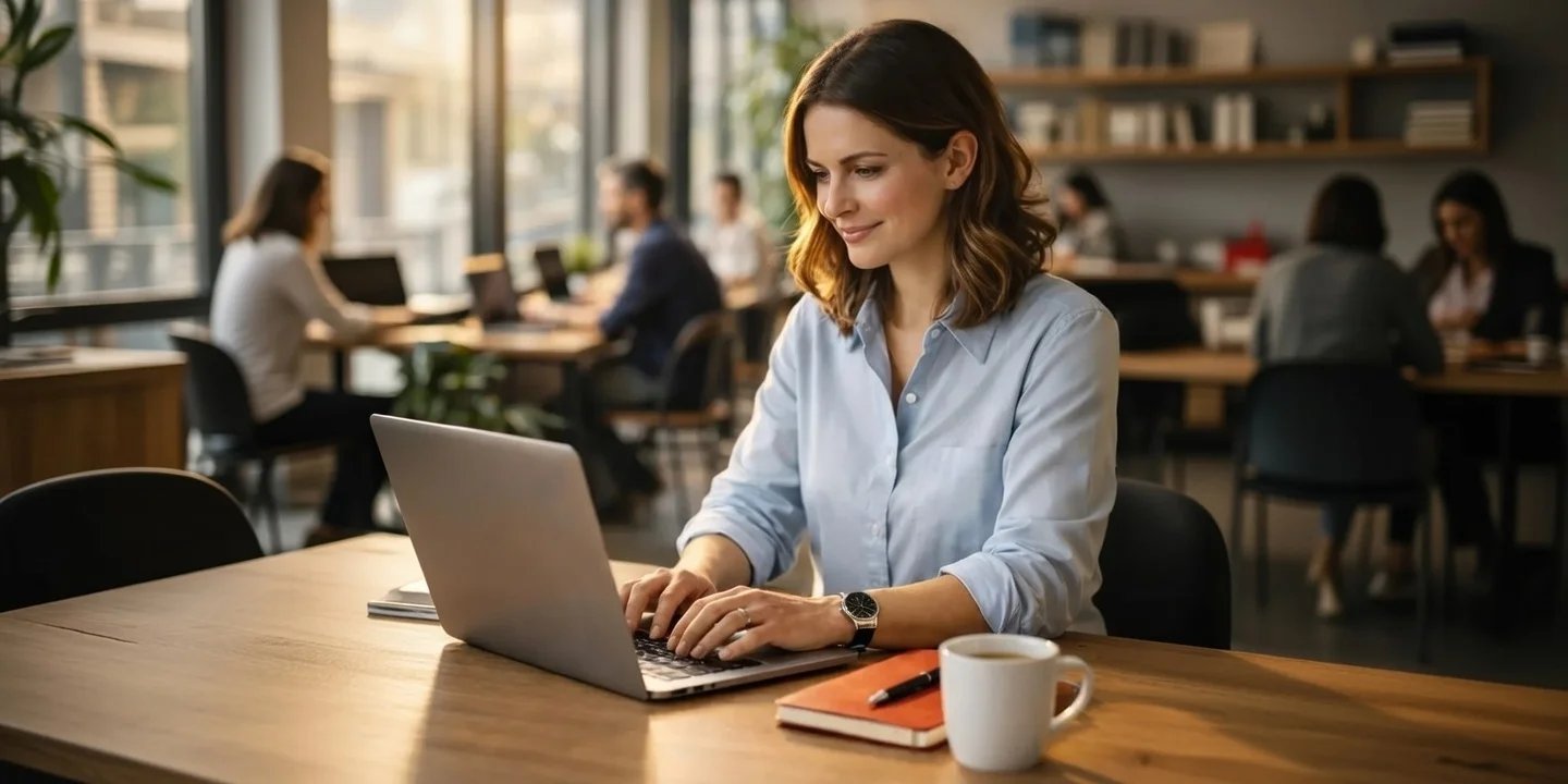Profesional escribiendo en laptop en oficina moderna, trabajando en redacción SEO para blog