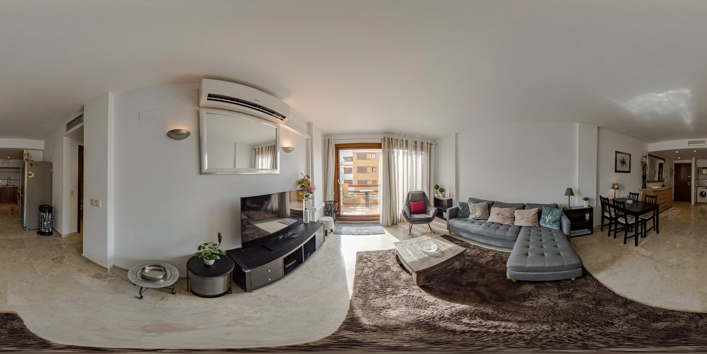Una fotografía 360º del salón de un apartamento
