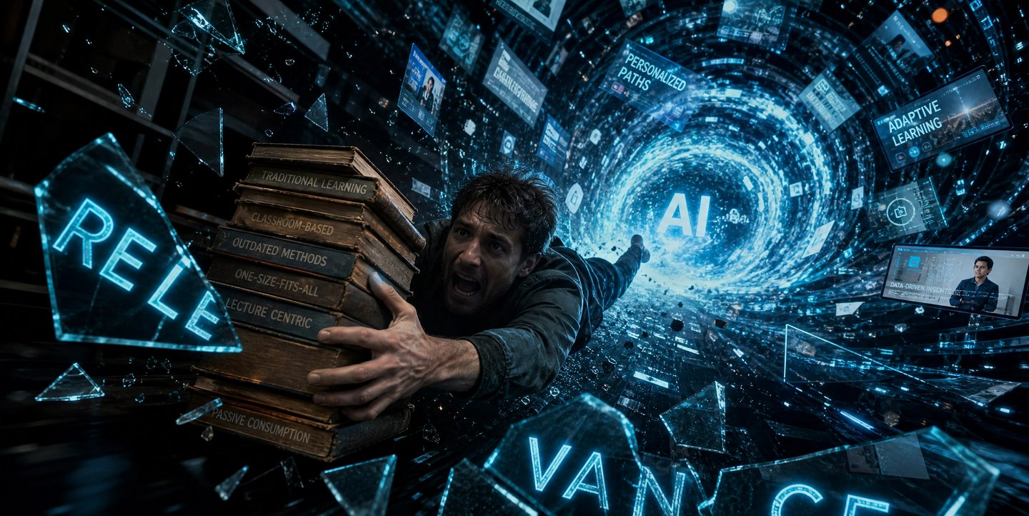 Man holding old books falls through a digital AI vortex representing the future of adaptive learning.