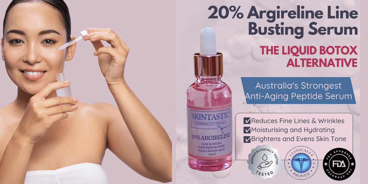 Skintastic 20% Argireline face serum showsa woman with a white dress and a bottle of liquid