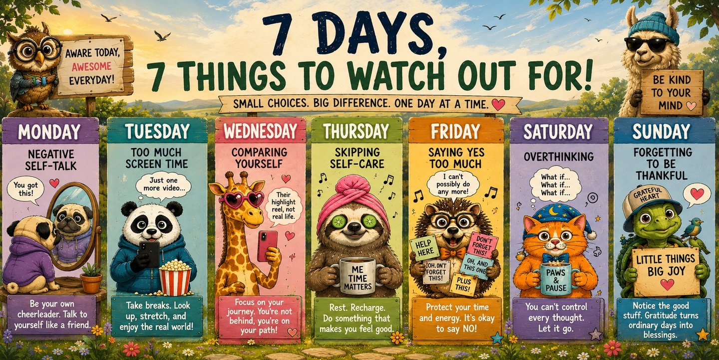 Weekly mental health self-care chart featuring cute animals with tips for daily mindfulness and wellness.