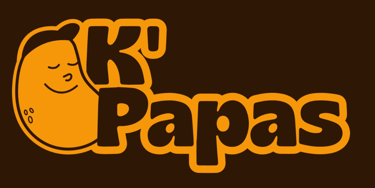 K' Papas logo featuring an orange potato character with a smiling face on a brown background.