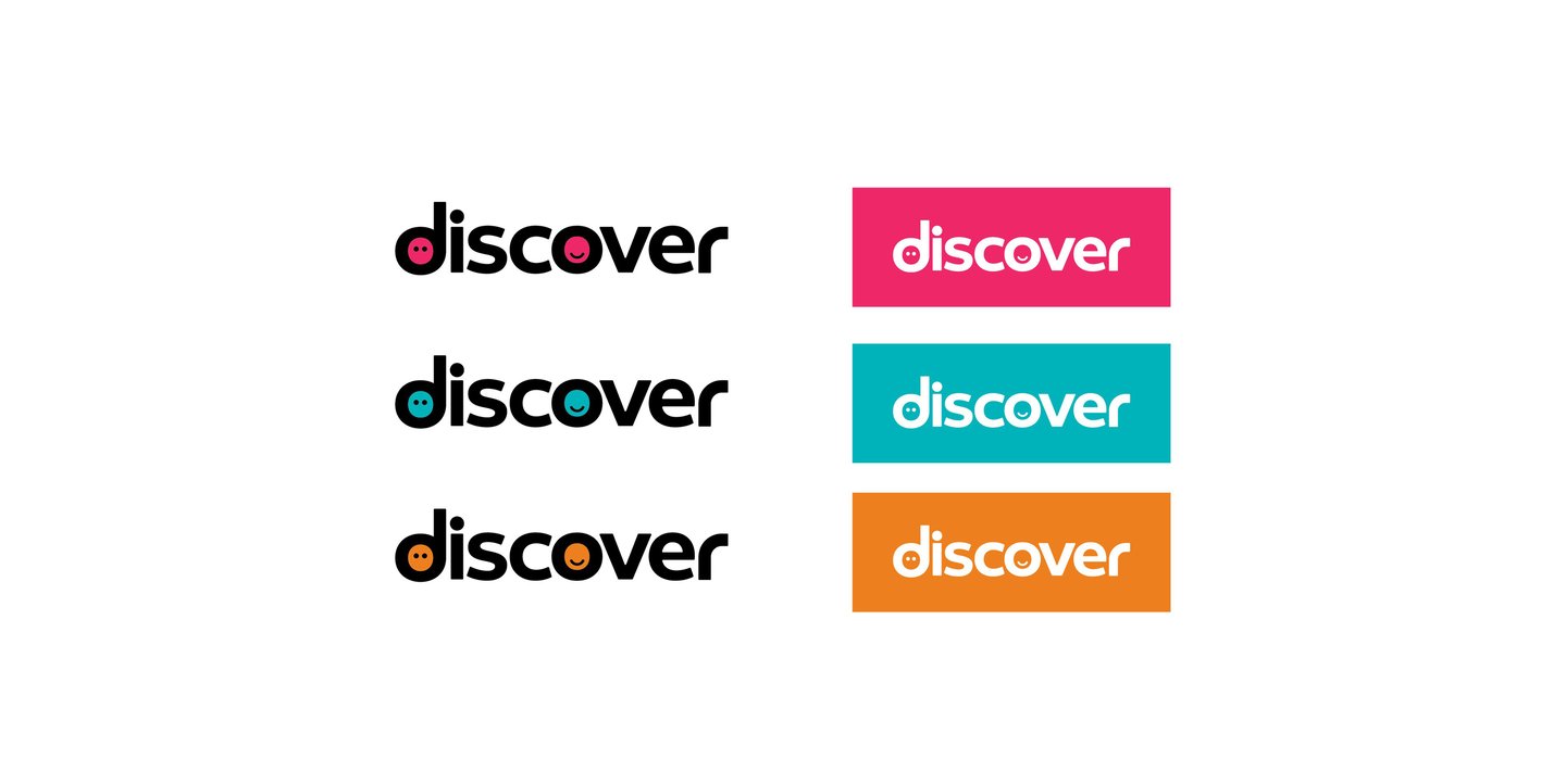 Six variations of the Discover logo with smiley faces in pink, teal, and orange colors.