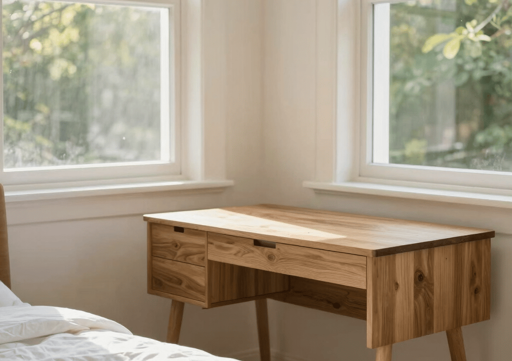 Bright sunlit single occupancy room with custom ergonomic oak study desk, premium white linens, warm natural afternoon light streaming through large windows, 35mm photography