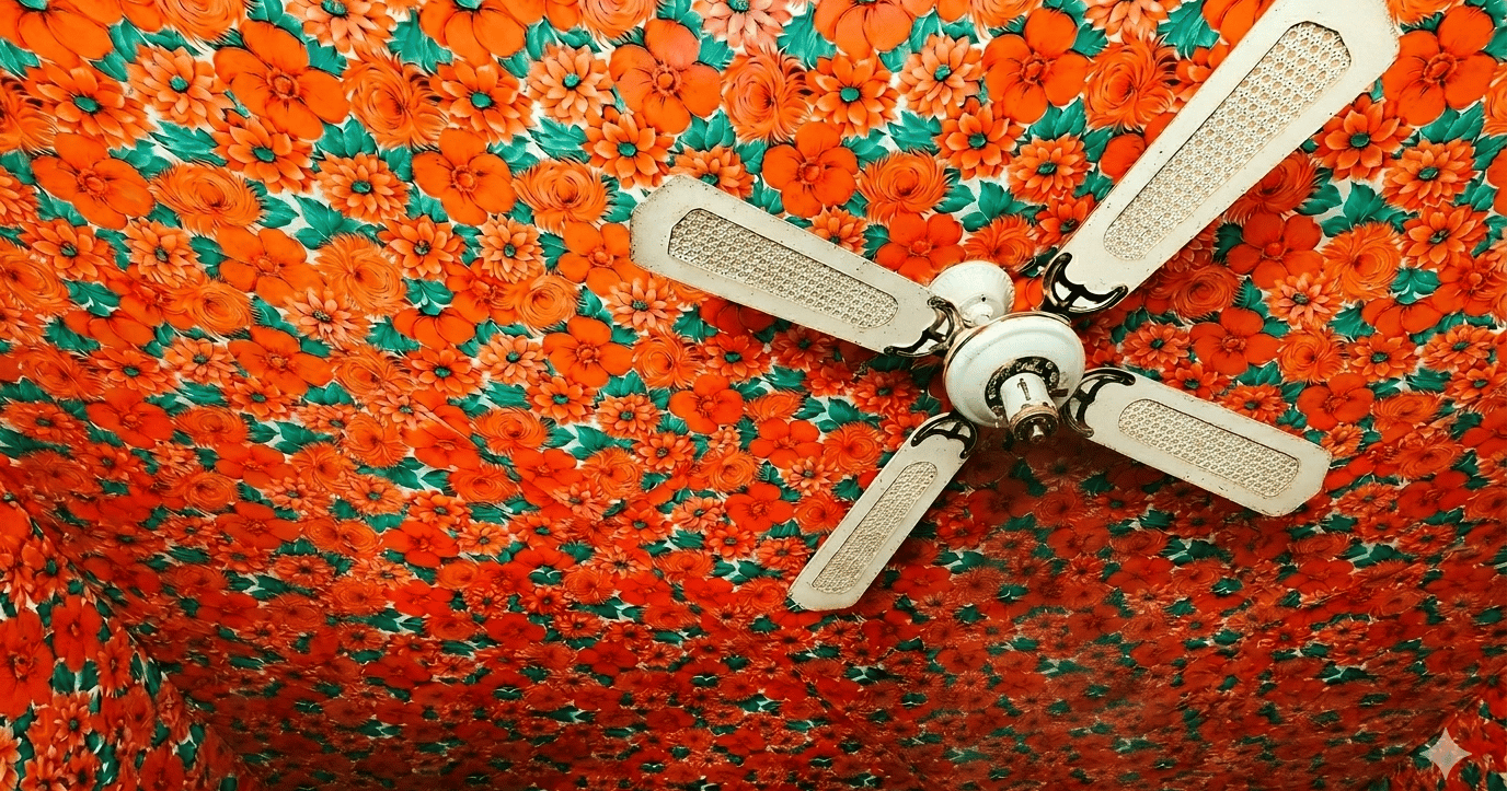 techo de flores con ventilador blanco en casa menonita