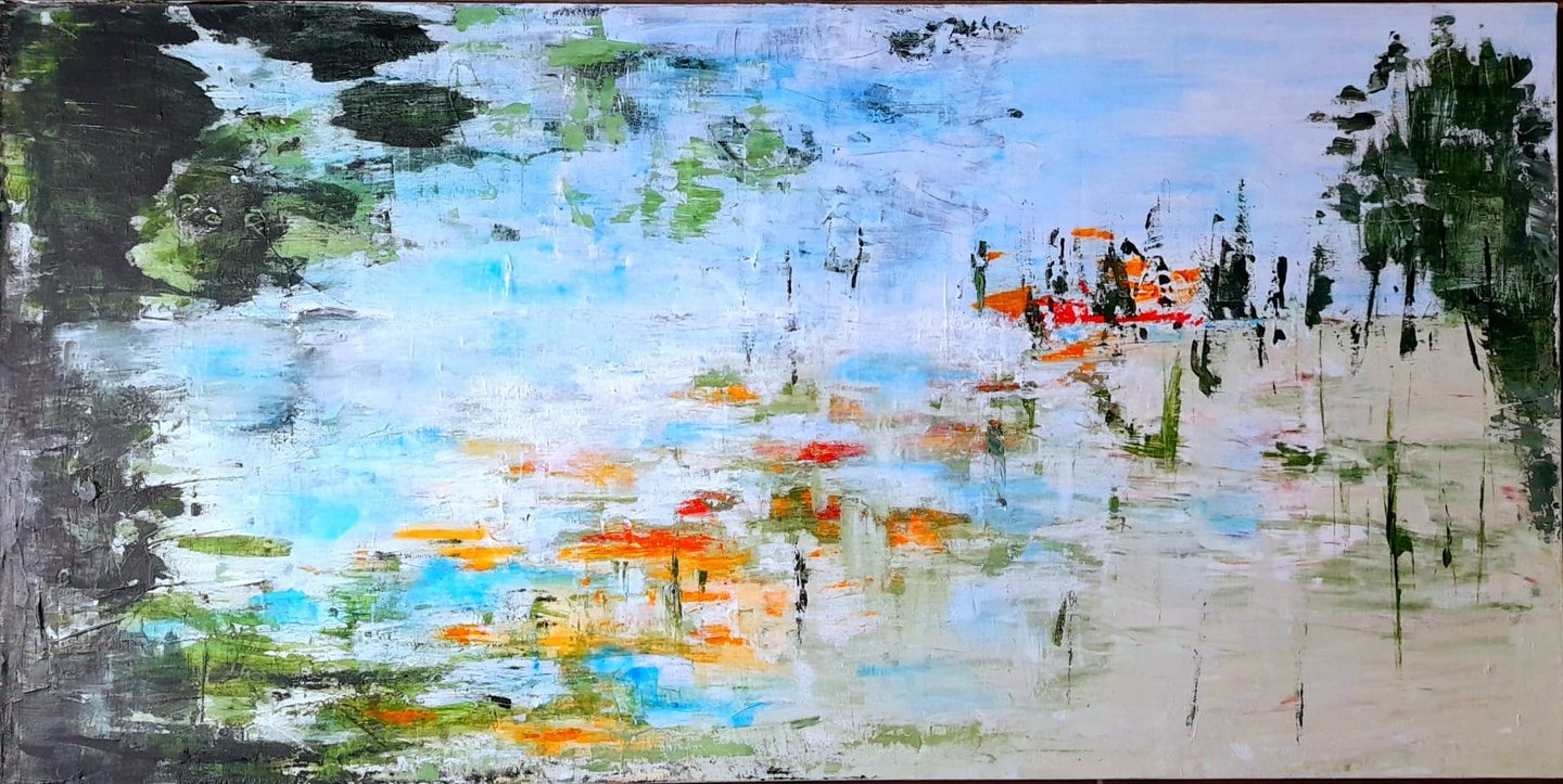 Abstraction gestuelle, superposition de couleurs évoquant lumière et végétation.